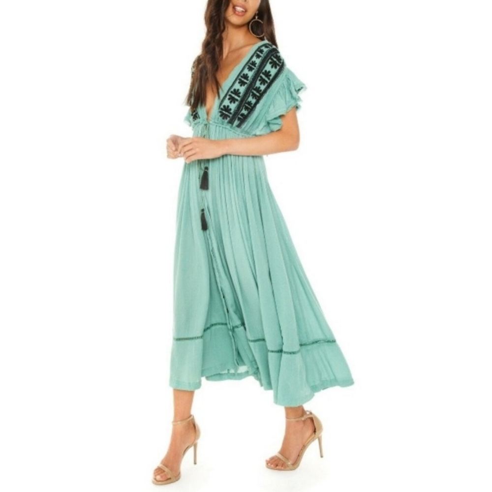 Free People Will Wait For You Midi Dress Embroidery Lace Oversized Green Sm NWT - Picture 13 of 16